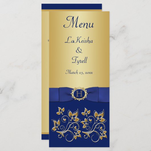 Monogram Blauw, Gouden Bloemen Menu Kaart (Voorkant / Achterkant)