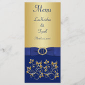 Monogram Blauw, Gouden Bloemen Menu Kaart (Voorkant)