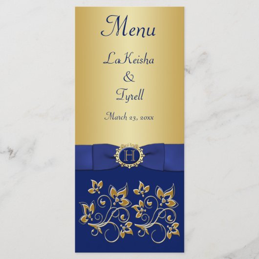 Monogram Blauw, Gouden Bloemen Menu Kaart (Voorkant)