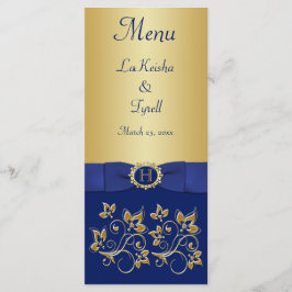 Monogram Blauw, Gouden Bloemen Menu Kaart