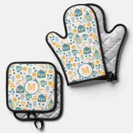 Monogram blauw gouden thee ovenwant & pannenlap set
