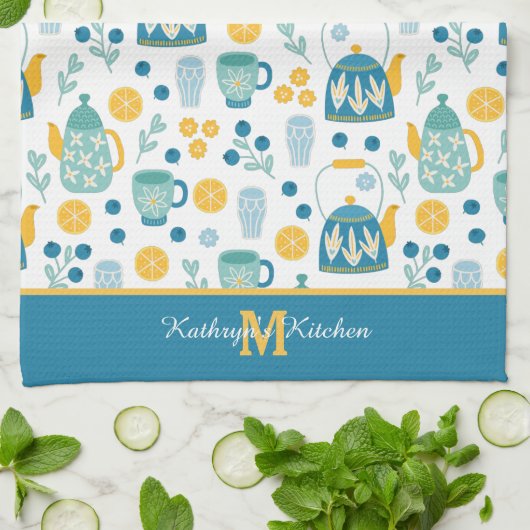 Monogram blauw gouden thee theedoek (Gevouwen)