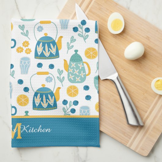 Monogram blauw gouden thee theedoek (Quarter Fold)