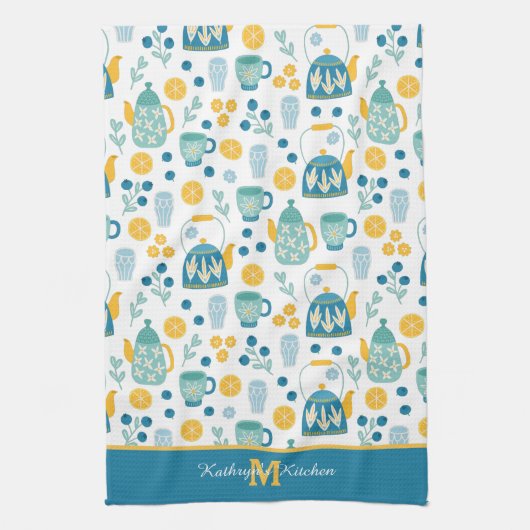 Monogram blauw gouden thee theedoek (Verticaal)