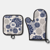 Monogram blauw grijs bloempatroon ovenwant & pannenlap set (Voorkant)