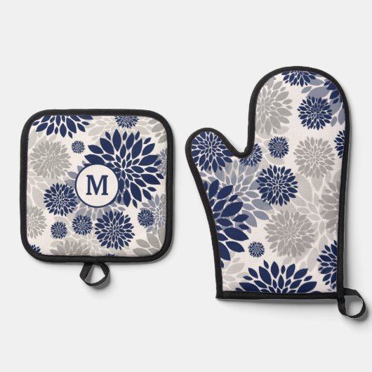 Monogram blauw grijs bloempatroon ovenwant & pannenlap set (Voorkant)