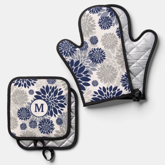 Monogram blauw grijs bloempatroon ovenwant & pannenlap set (Voorkant / Achterkant)