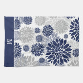 Monogram blauw grijs bloempatroon theedoek (Horizontaal)