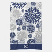 Monogram blauw grijs bloempatroon theedoek (Verticaal)