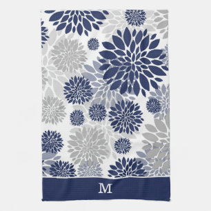 Monogram blauw grijs bloempatroon theedoek