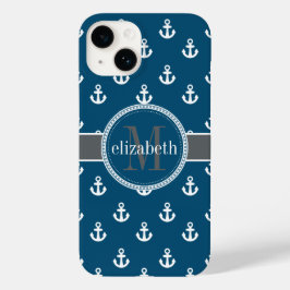 Monogram blauw grijs witte scheepsankermonogram Case-Mate iPhone 14 hoesje