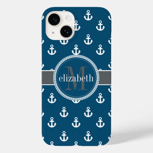 Monogram blauw grijs witte scheepsankermonogram Case-Mate iPhone case (Achterkant)