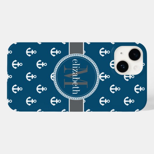 Monogram blauw grijs witte scheepsankermonogram Case-Mate iPhone case (Achterkant (horizontaal))