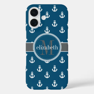 Monogram blauw grijs witte scheepsankermonogram iPhone 16 hoesje