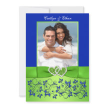 Monogram Blauw, Groen Bloemen FOTO Bruiloft Uitnod