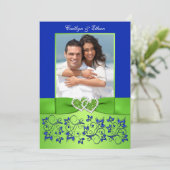 Monogram Blauw, Groen Bloemen FOTO Bruiloft Uitnod Kaart (Staand voorkant)