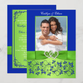 Monogram Blauw, Groen Bloemen FOTO Bruiloft Uitnod Kaart (Voorkant / Achterkant)