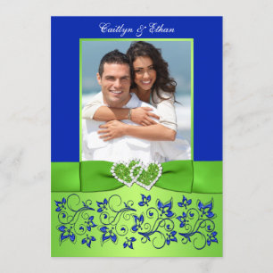 Monogram Blauw, Groen Bloemen FOTO Bruiloft Uitnod Kaart