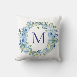Monogram Blauw Groen Bloemrijk Botanisch Aquarel Kussen