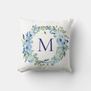 Monogram Blauw Groen Bloemrijk Botanisch Aquarel Kussen