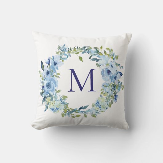 Monogram Blauw Groen Bloemrijk Botanisch Aquarel Kussen (Voorkant)