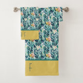 Monogram Blauw Groen Geel Bladeren Blad Patroon Bad Handdoek (Insitu)