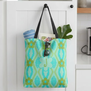 Monogram Blauw Groen Goud Diamanten & Bloemen Tote Bag