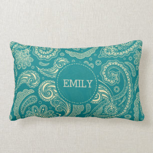 Monogram Blauw Groen Paisley Patroon Kussen