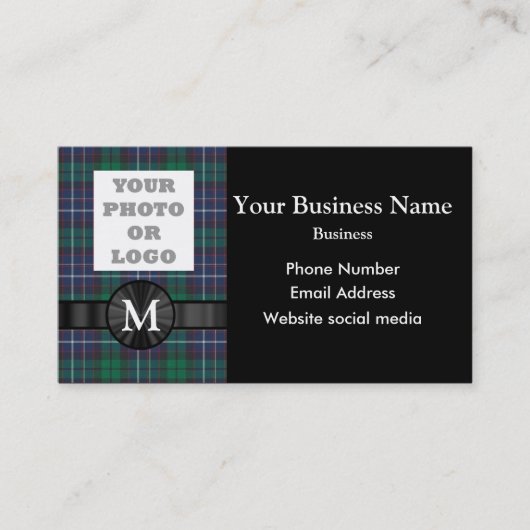 Monogram blauw groen tartan plaid en logo visitekaartje (Voorkant)