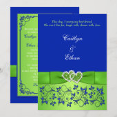 Monogram Blauw, Groene Bloemen, Harten Bruiloft Ui Kaart (Voorkant / Achterkant)