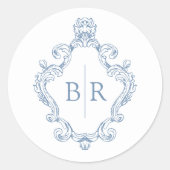 Monogram Blauw Huwelijk Ronde Sticker (Voorkant)