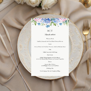 Monogram Blauw Hydrangea Rand Trouwpapier Menu