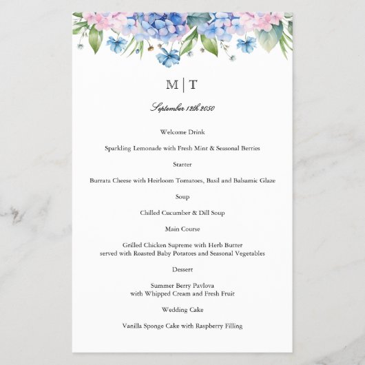 Monogram Blauw Hydrangea Rand Trouwpapier Menu (Voorkant)