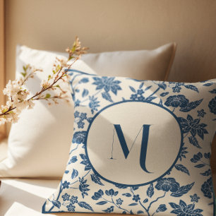 Monogram Blauw Ivoor Chinoiserie Bloemen Patroon Kussen