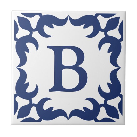 Monogram blauw Lijst met blauw en wit gekleurd Tegeltje (Voorkant)