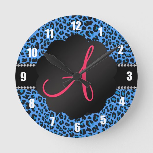 Monogram blauw luipspatroon ronde klok (Voorkant)