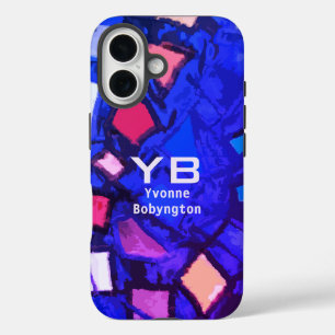 Monogram blauw marine indigo abstract kleurrijk fe iPhone 16 hoesje