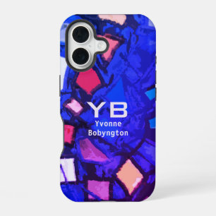 Monogram blauw marine indigo abstract kleurrijk fe iPhone 16 hoesje