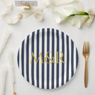 Monogram blauw marineschip gestreept Jubileum Papieren Bordje