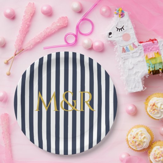 Monogram blauw marineschip gestreept Jubileum Papieren Bordje (Feest)