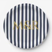 Monogram blauw marineschip gestreept Jubileum Papieren Bordje (Voorkant)