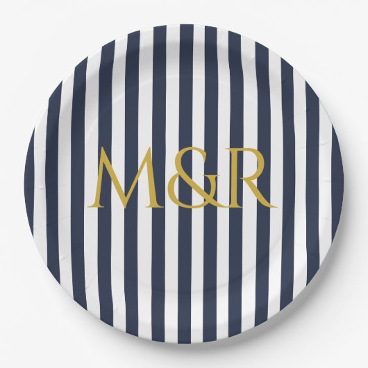 Monogram blauw marineschip gestreept Jubileum Papieren Bordje (Voorkant)