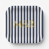 Monogram blauw marineschip gestreept Jubileum Papieren Bordje (Voorkant)