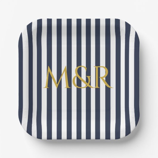Monogram blauw marineschip gestreept Jubileum Papieren Bordje (Voorkant)