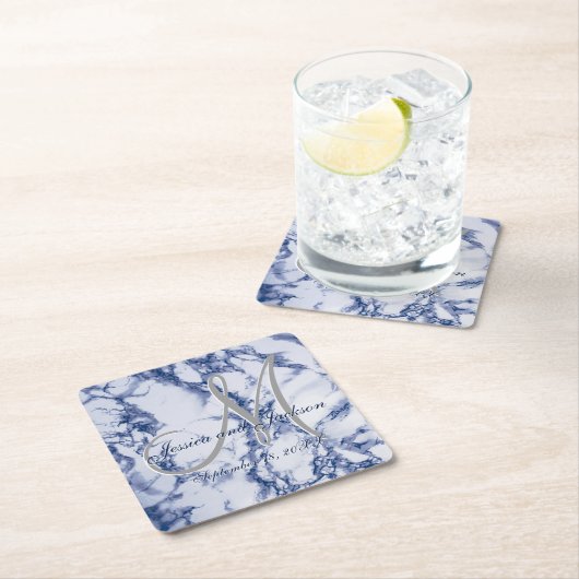 Monogram blauw marmerontwerp kartonnen onderzetters (Insitu)