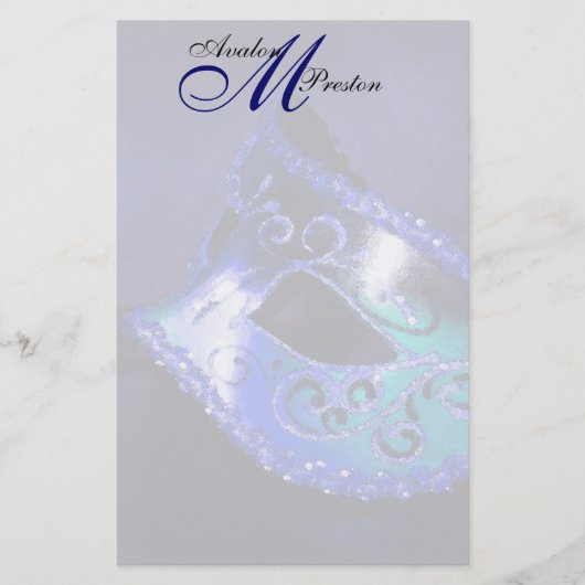 Monogram Blauw Masquerade Trouwpapier Briefpapier (Voorkant)