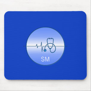 Monogram Blauw Medische Stethoscoop Hartslag Muismat