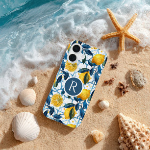 Monogram Blauw Mediterraan Stijl Citroen Patroon iPhone 16 Hoesje