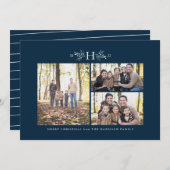 Monogram blauw met drie foto's kerstkaart (Voorkant / Achterkant)