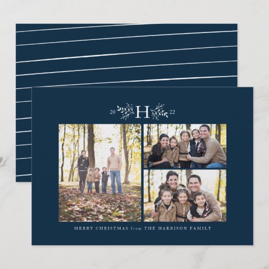 Monogram blauw met drie foto's kerstkaart (Voorkant / Achterkant)